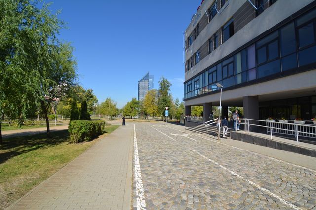 Big recognizable modern building with a bridge view of Sofia