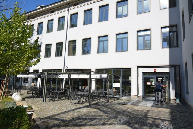 Big recognizable modern building with a bridge view of Sofia