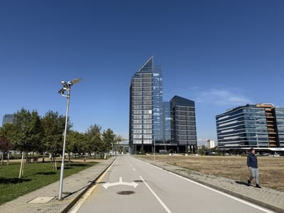 Big recognizable modern building with a bridge view of Sofia