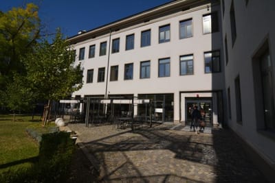 Big recognizable modern building with a bridge view of Sofia
