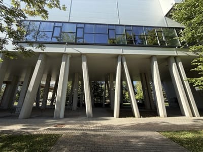 Big recognizable modern building with a bridge view of Sofia