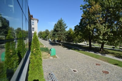 Big recognizable modern building with a bridge view of Sofia