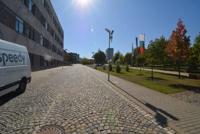 Big recognizable modern building with a bridge view of Sofia