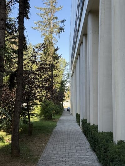 Big recognizable modern building with a bridge view of Sofia
